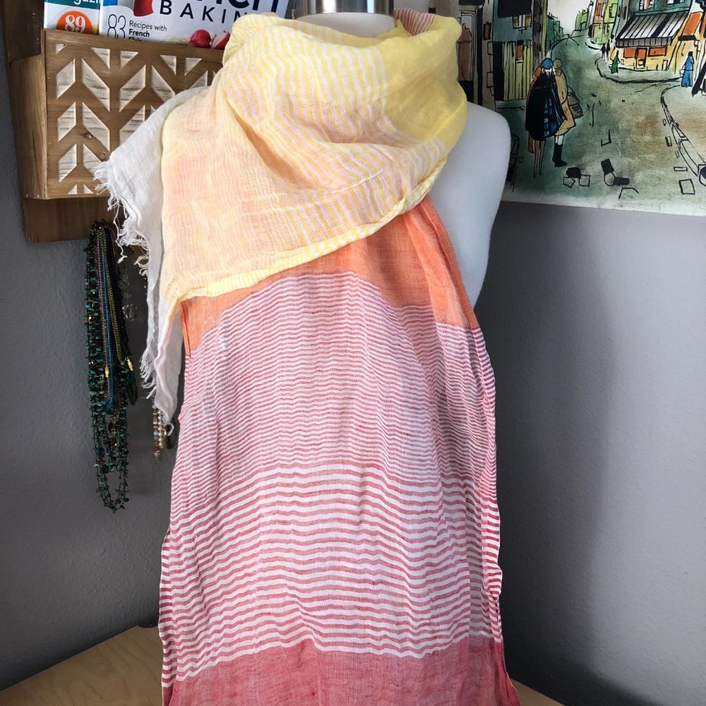 Asian Eye Linen Blend Scarf - Yellow Orange & White Striped Coastal Chic